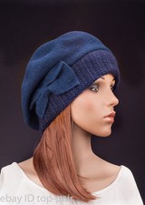 Dark Blue Women Bow Warm Cashmere Wool Winter French Beret Hat Beanie SKI Cap