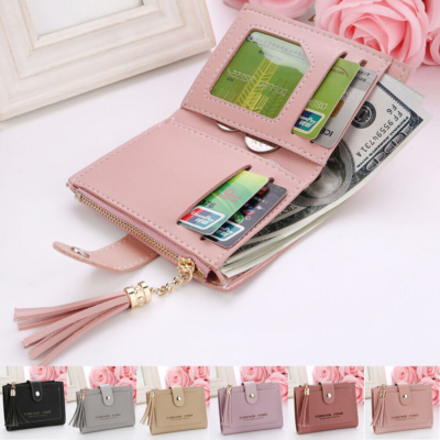 Women Short Wallet Leather Buckle Tassel Credit Card Holder Purse