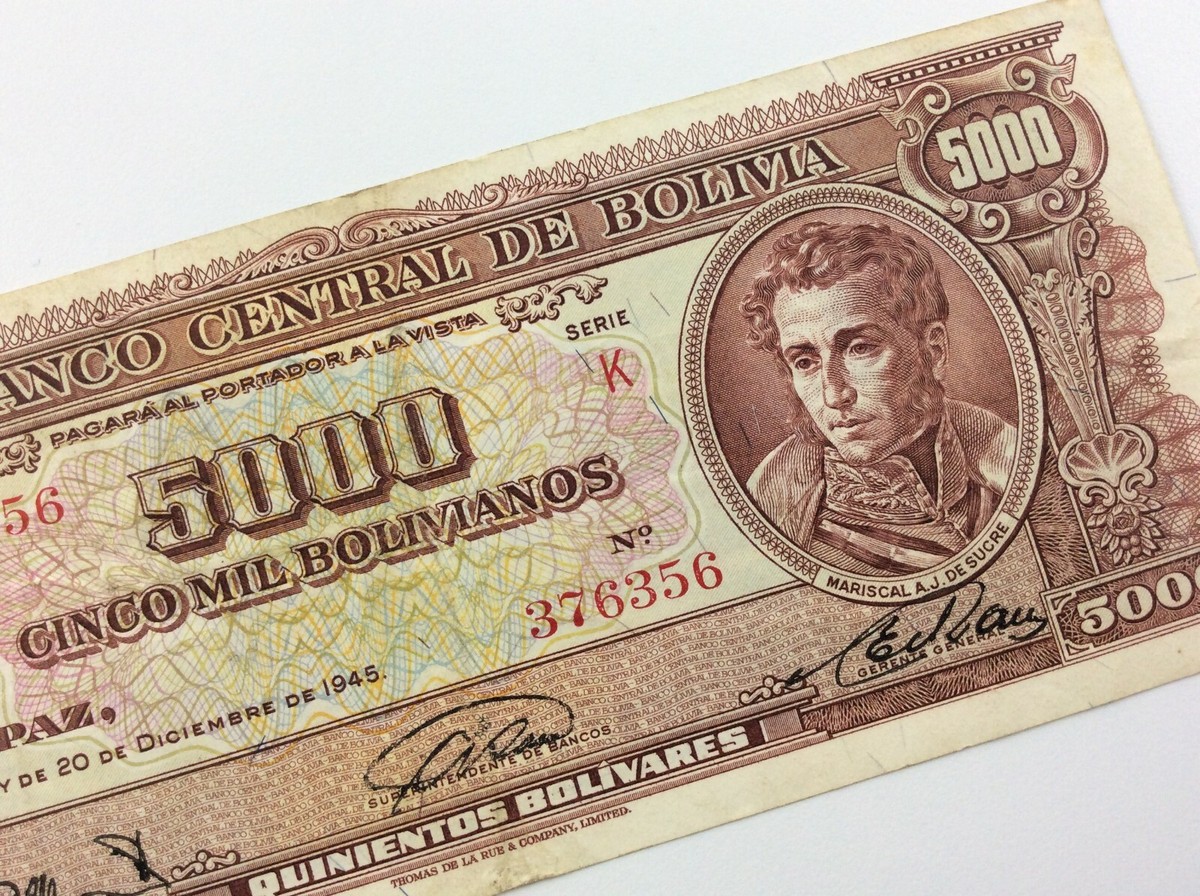 1945 Banco Central Bolivia Cinco Mil 5000 Bolivianos Circulated 
