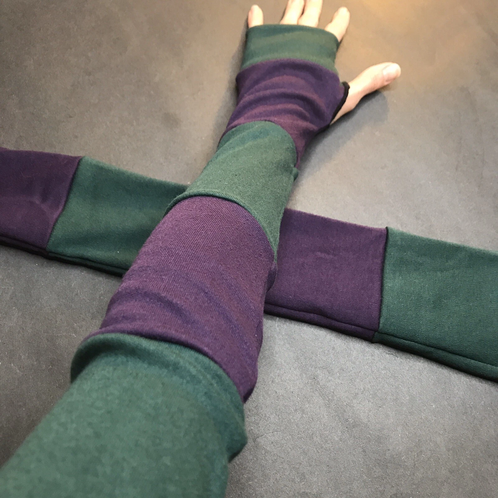 Long Striped Gloves Purple Hand Warmers Green Armwarmers Patchwork Sleeves Warm