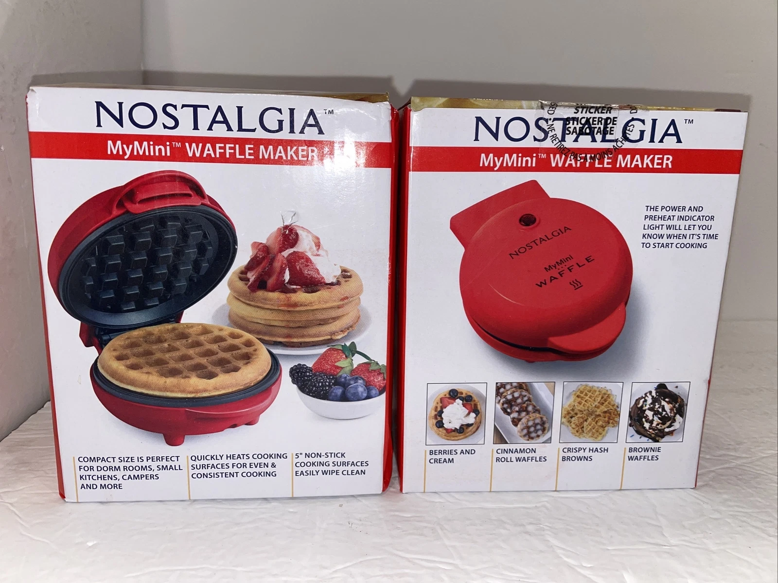 Nostalgia MyMini Waffle Maker 5" Non-Stick Cooking Surface Compact Red Lot Of 2