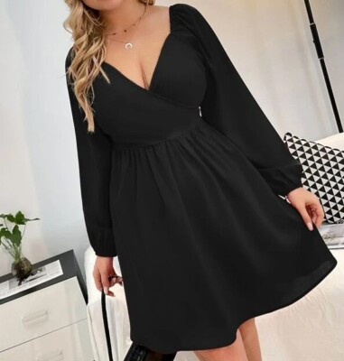 SHEIN-Plus Solid Surplice Neck Bishop Sleeve Dress Black / 2XL | eBay