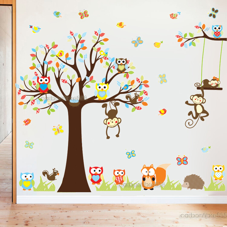 Jungle Animal Owl Monkey Tree Wall Stickers Kids Art Decor Mural Decal ...