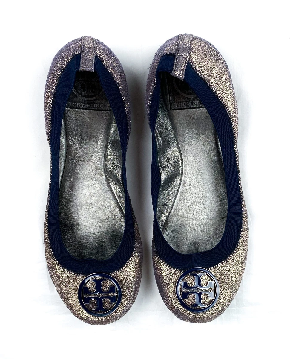 Tory Burch Women s Caroline Glitter Metallic Reva Logo Ballet Flats Size 7.5