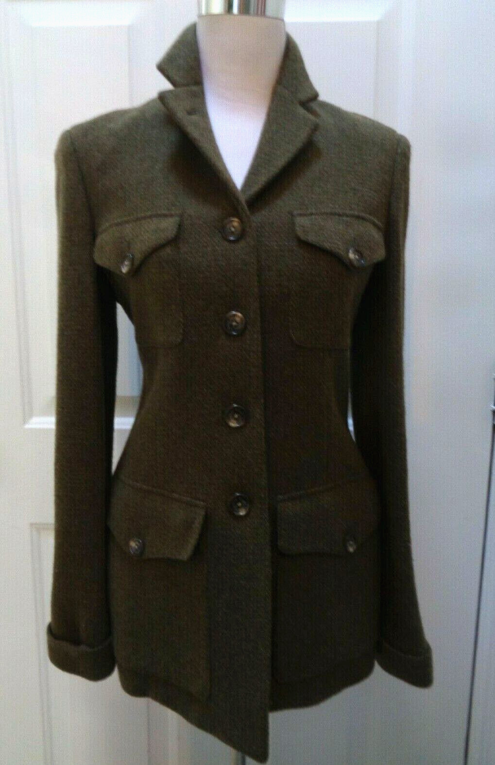 RALPH LAUREN OLIVE GREEN TWEED WOOL MILITARY EQUESTRI… Gem