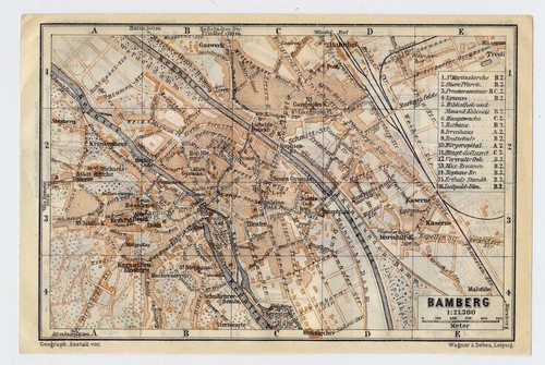 1925 ORIGINAL VINTAGE MAP OF BAMBERG / VERSO PASSAU / BAVARIA BAYERN / GERMANY
