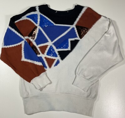 Vintage Sequin Sweater Sz M Funky Abstract Geometric Cotton Distressed 80s