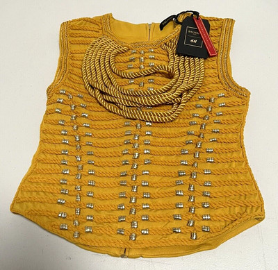 Balmain H&M Yellow Rope Embroidered Sleeveless Jersey Zip Top Blouse NWOT