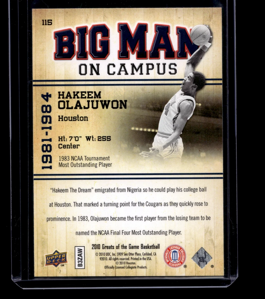 Hakeem Olajuwon Big Man On Campus Upper Deck Greats of the Game 2010 Card #115 - Image 2 of 2
