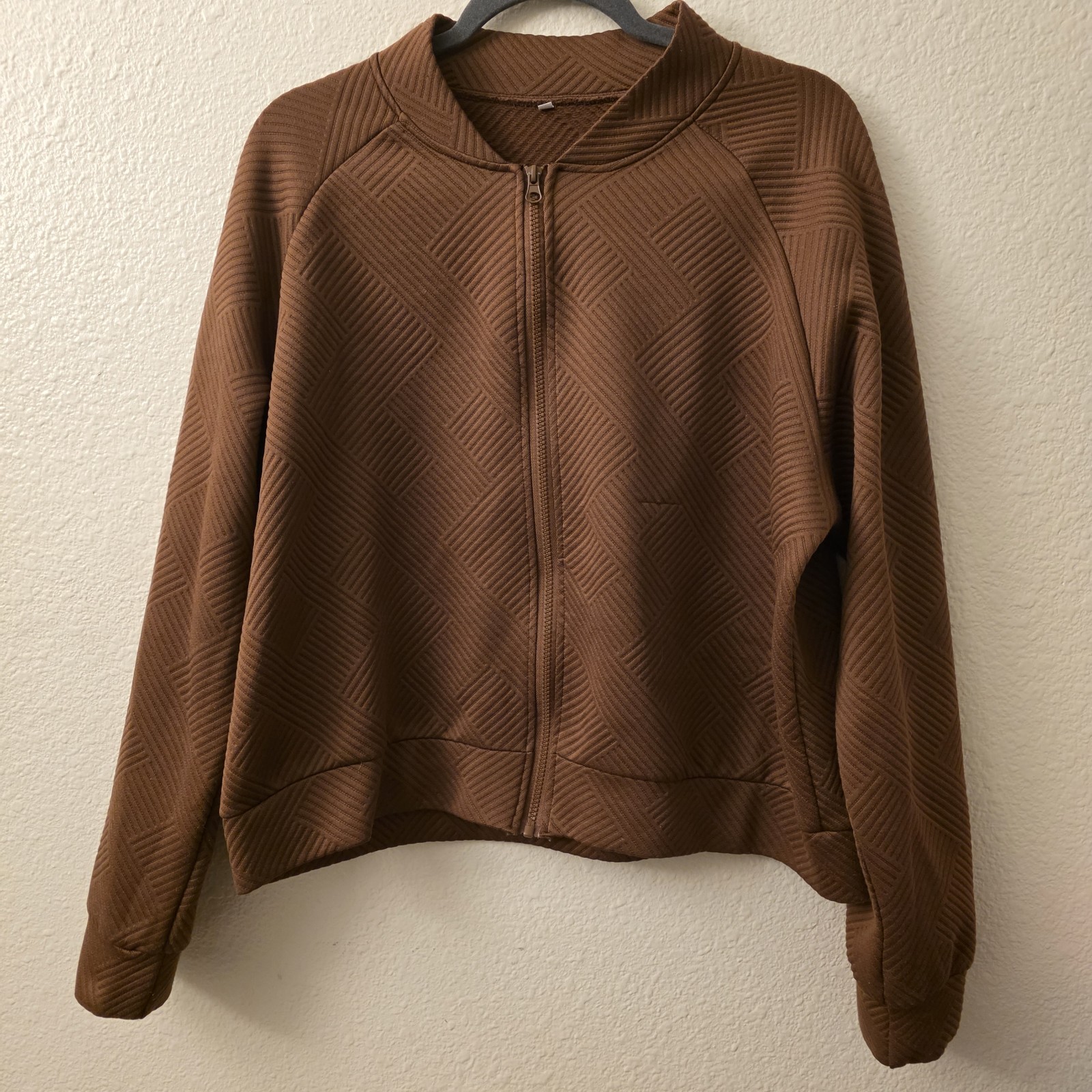 Brown Geometric Pattern Full Zip Short Jacket Lon… - image 1