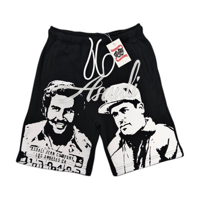 Asaali Men's Cotton Sweat Shorts Black/White Graphic Print Drawstring Pockets M
