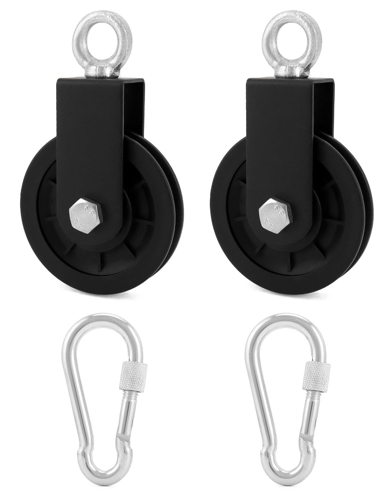 QWORK® 2PCS 90mm pulley block with hanging strap carabiner, gym cable pulley...