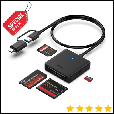 Memory Card Reader 4-in-1 USB 3.0 & USB-C Adapter for SD, Micro SD, MS, CF Cards