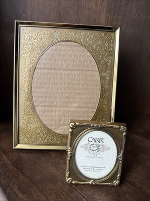 Pair Vtg Gold Tone Metal Picture Frames Embossed Filigree Border Oval Opening
