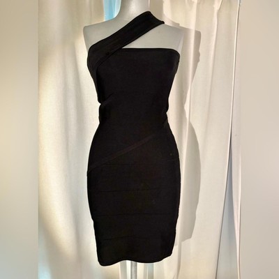 BEBE One-Shoulder Black Bandage Mini Dress Bodycon Sexy Party Dress   Size M