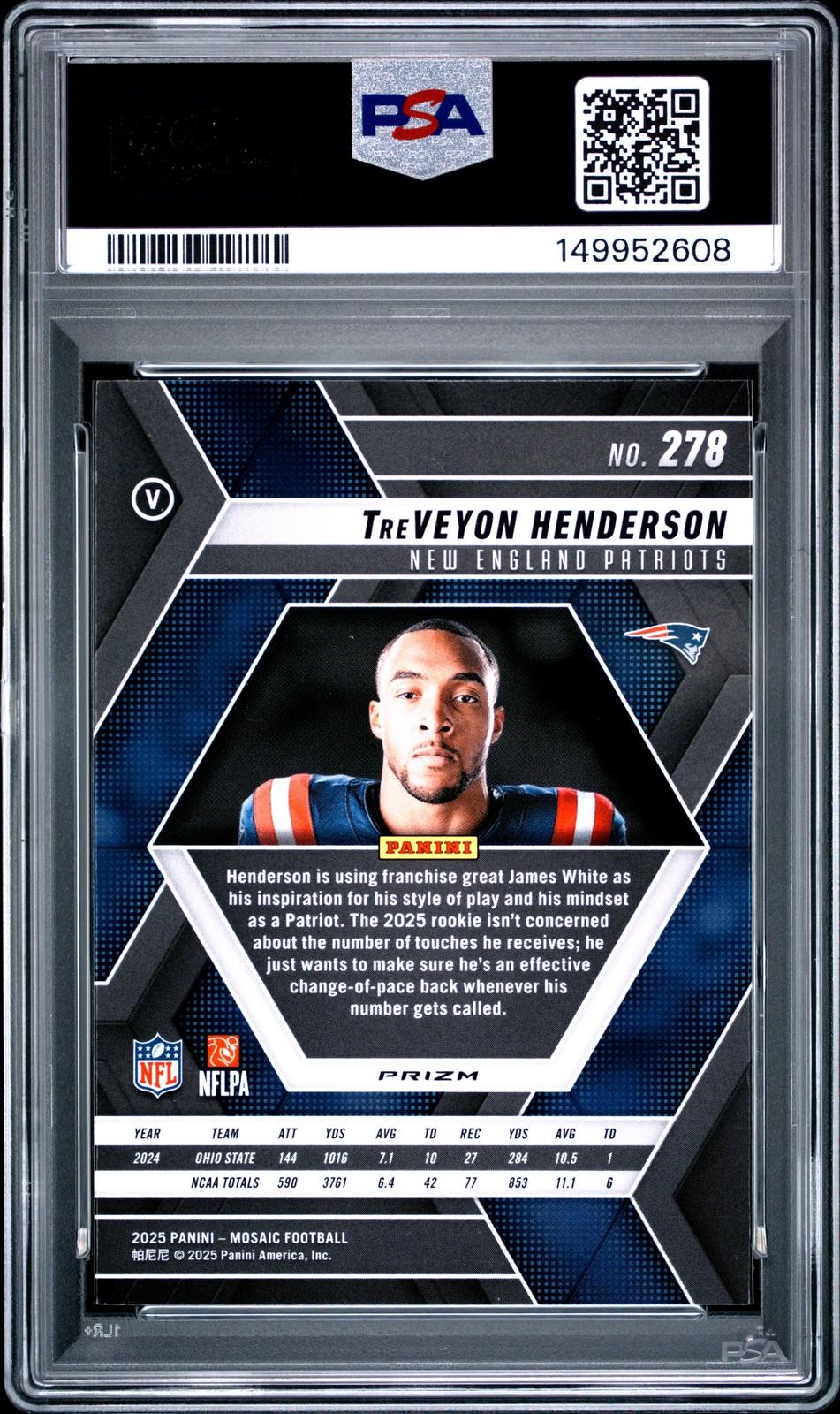 PSA 10 2025 Panini Mosaic #278 Treveyon Henderson Patriots Reactive Purple RC view 2