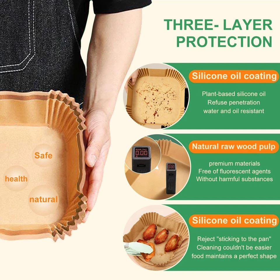 250 PIEZAS Freidora de Aire Forro de Papel Desechable Antiadherente a Prueba de Aceite Hornear y Asar 8" Foto 3 de 4