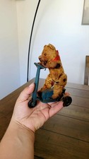 Vintage Gebruder Fewo German Wind Up Bear with Glass Eyes On Tin Plate Scooter