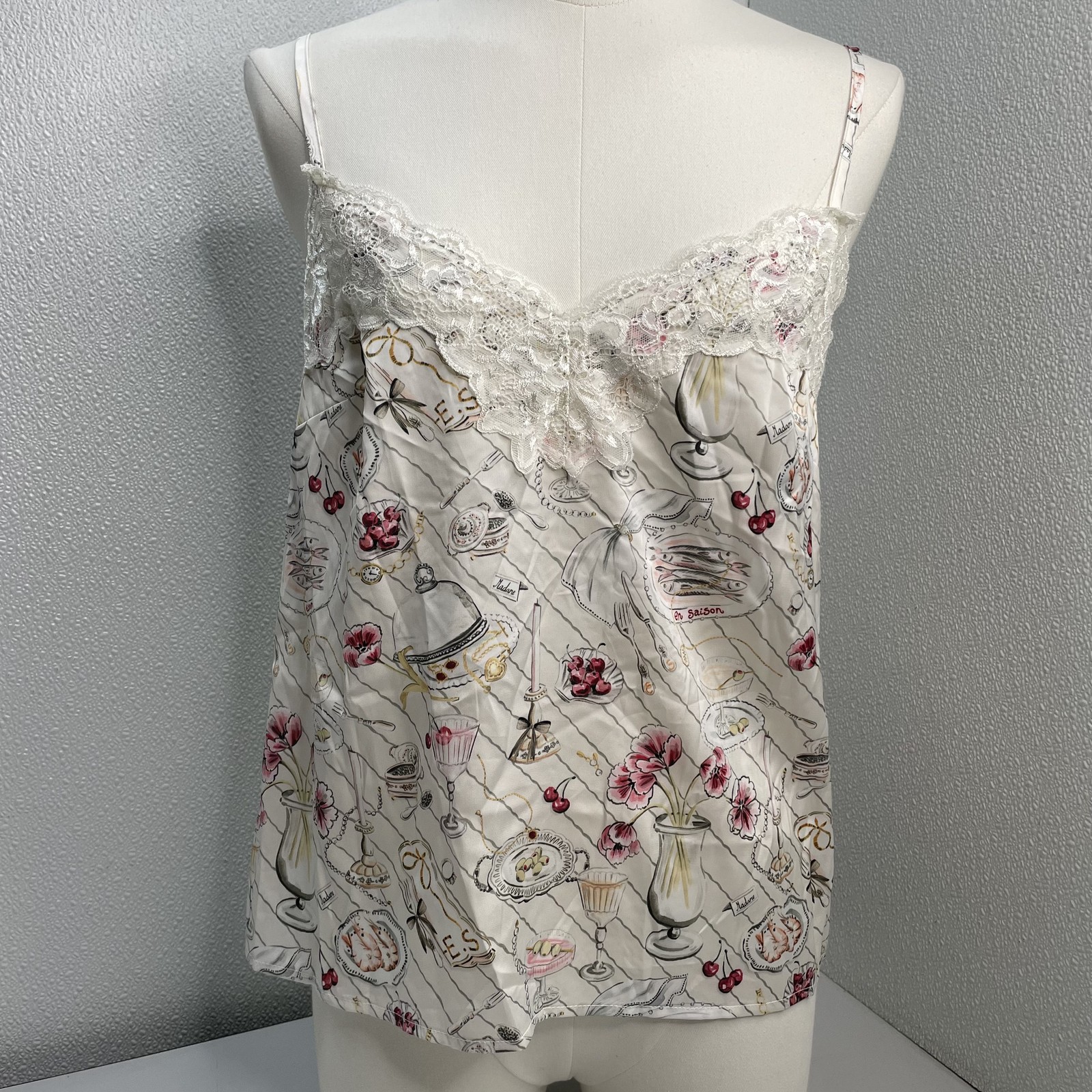 En Saison Womens Cami Top Ivory/Multi Size S Dinner Party Sleeveless Lace V Neck