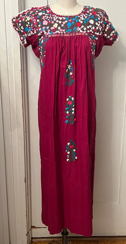 Vtg San Antonino Maxi Oaxaca Mexican Dress Silk Thread Hand Embroidered Boho