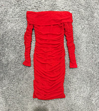 Women’s Red Bodycon Knee Dress S Off Shoulder Long Sleeve Ruched Solid Stretch