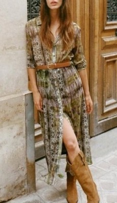 Zara Maxi Shirt Dress Green Metallic Thread Animal Print  Gold Buttons Size S