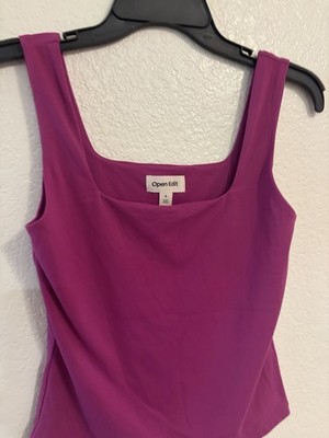 Open Edit Women's Purple Solid Square Neck Wide Strap Tank Top, Size S