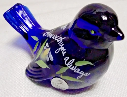 Fenton Cobalt Blue Art Glass Bird Hand Painted Memorial Floral Signed J Cutshaw