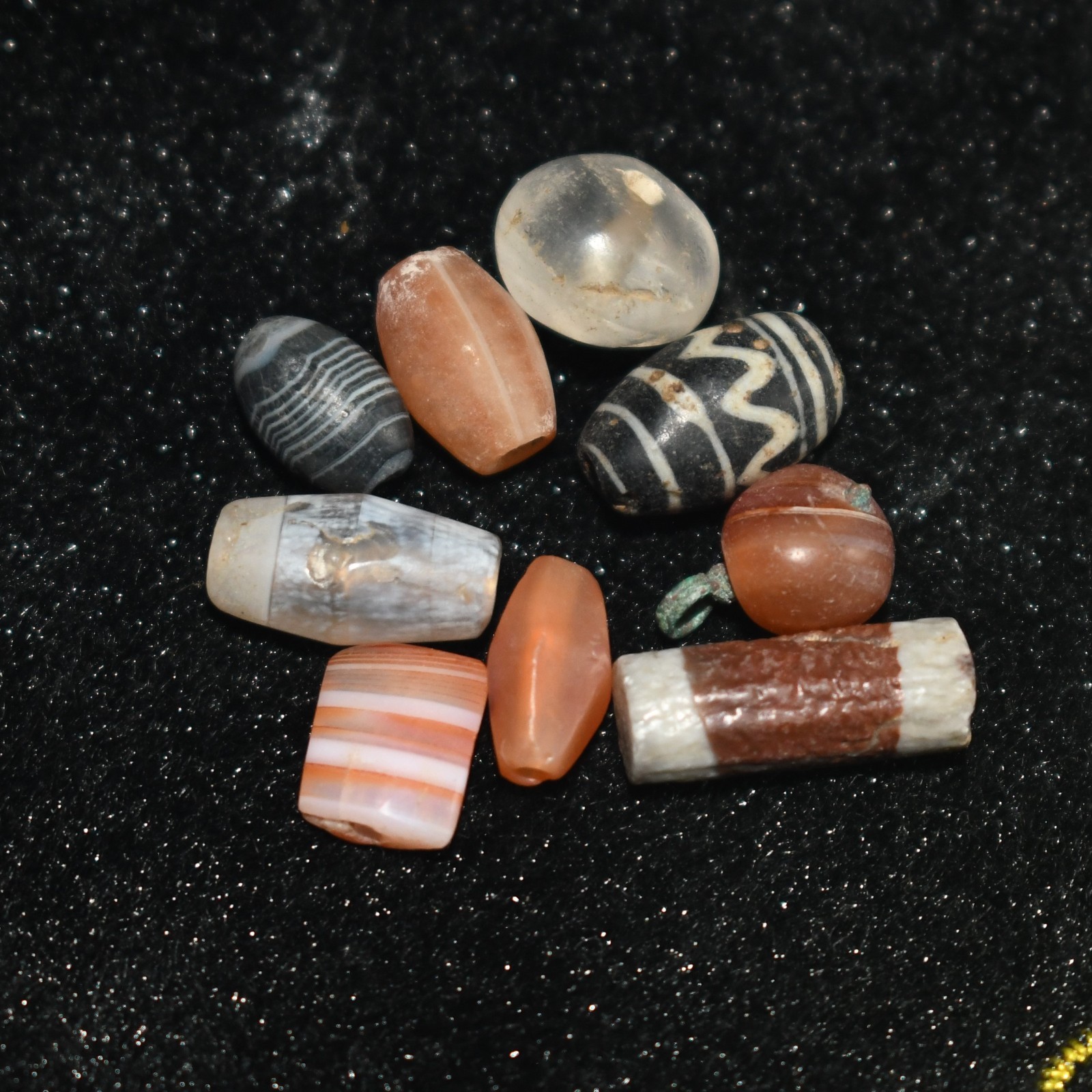 9 Ancient Central Asian Banded Carnelian Crystal & Glass Bead Lot