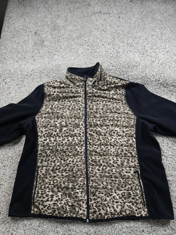 Chaqueta Lauren Ralph Lauren Mujer 3X Negra Estampado Leopardo Vellón Cremallera Completa Foto 4 de 4