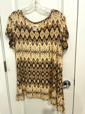 Ruby Rd. Favorites Beige Brown Black Geometric Scoop Neck Knit Top L