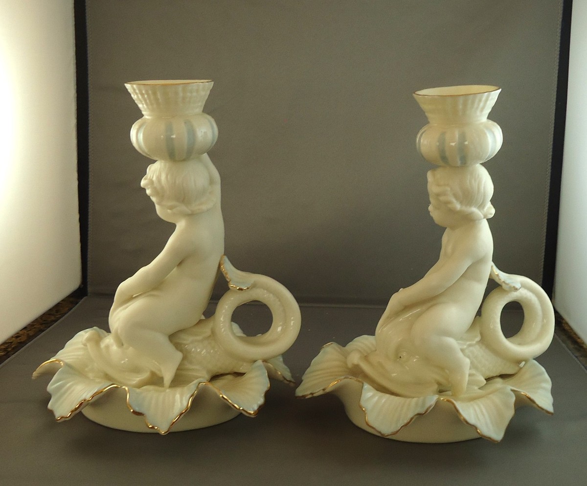 BELLE VINTACE ぽぽ Pair Vintage Belleek Cherub Dolphin Candlesticks, Irish Porcelain