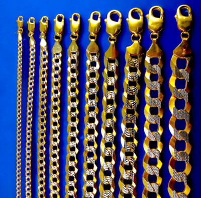 14K Yellow Gold SOLID Pave Cuban Curb Necklace Bracelet Chain Diamond Cut 2-14mm