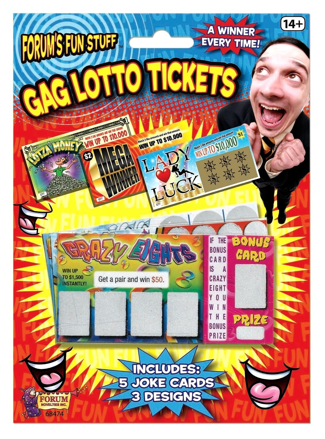 5 GAG LOTTO TICKETS Cards Fake Lottery Winner Funny Joke Prank Gift