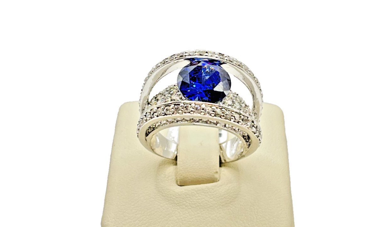 Sterling Silver 925 CZ Elevated Simulated Sapphir… - image 1