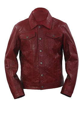 Infinity Herren Retro Stil Slim Fit Freizeit Burgund Leder Hemd Jeans Jacke