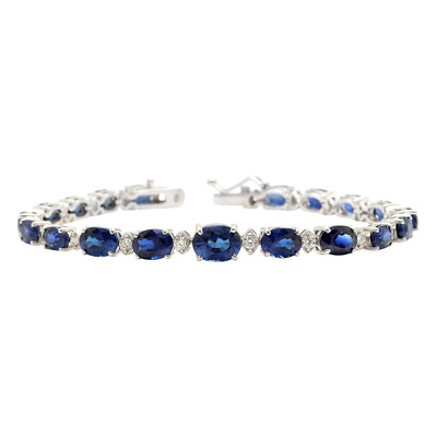 16.00Ct Natural Blue Sapphire and Diamond 14K Solid White Gold Bracelet