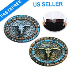 Belt Buckle Men Women Western Cowboy Turquoise Cow Skull Longhorn Belt Buckle