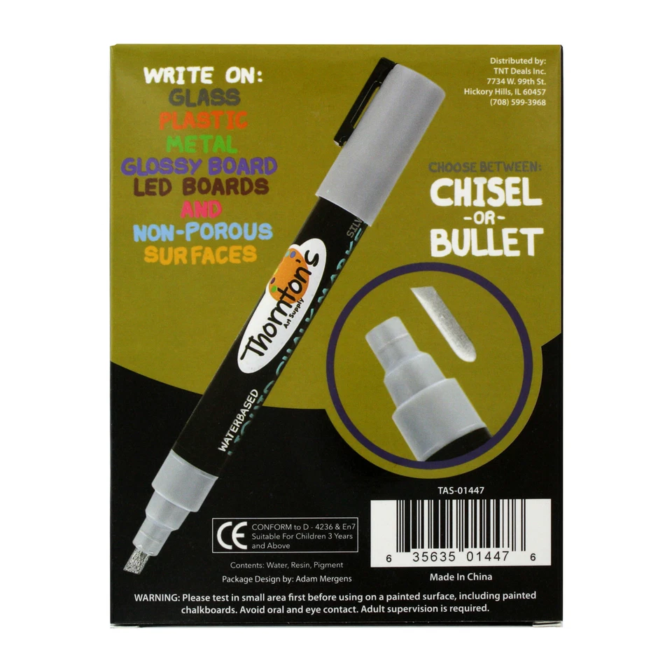 Marcadores de tiza líquida Thornton's Art Supply, blanco/oro/plateado, paquete de 6 Foto 3 de 4