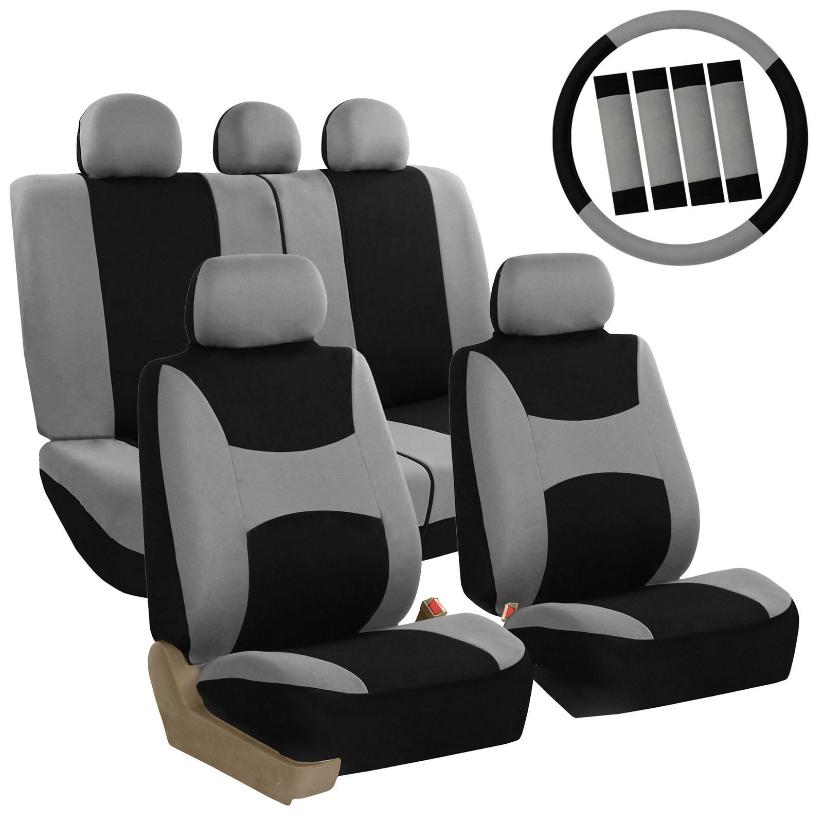 FH Group Auto Seat Cover For Car Truck SUV Van w/ Steering Cover Belt Pads Gray