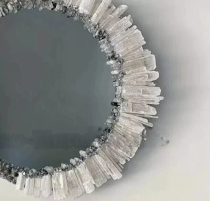 18" Handmade Selenite Wall Mirror | Crystal Gemstone Frame | Beveled Round Mirro - Image 4 of 4