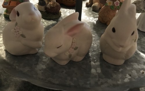 3 Vintage Oxford Biskuit Keramik Hase Kaninchen Figur Ostern Frühling Blumen