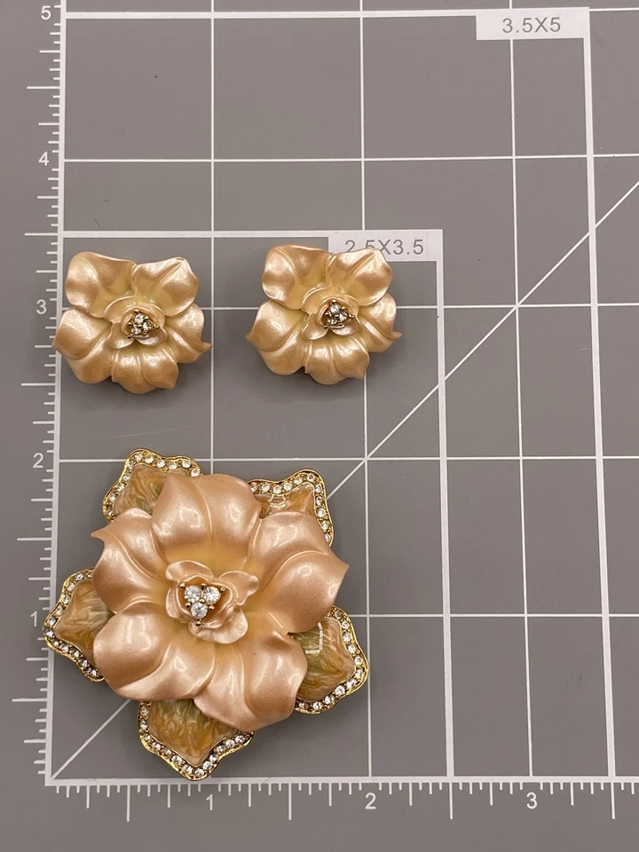 Nolan Miller цветок брошь зажим серьги комплект жемчужный персик со стразами эмаль роза - Изображение 3 из 4