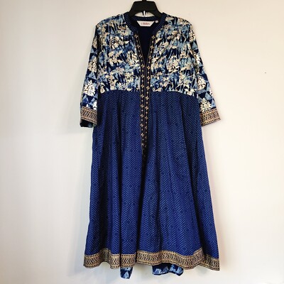 BIBA Kurta Tunic Maxi Dress Women Sz 38 Blue Gold Floral Print V Neck Lined  | eBay