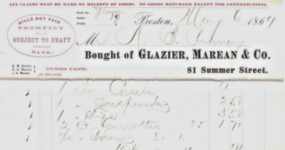 Vintage 1869 BILLHEAD/RECEIPT*GLAZIER, MAREAN & CO*Boston*REVENUE/TAX STAMP (O14