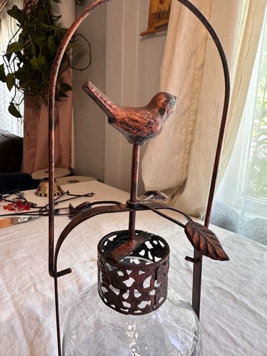 Linterna de vela vidrio craquelado con marco de cobre colibrí India vintage 12,5" - Imagen 5 de 24