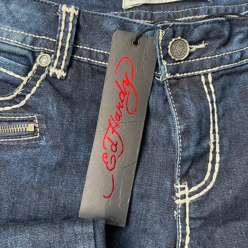 Pantalones de mezclilla Ed Hardy para mujer azules pierna recta bordados estrás alas W 34" - Imagen 19 de 19