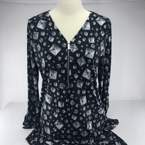 Michael Kors Black & Grey Geometric Print Shirt Blouse Top Zip Up Tunic Medium - Picture 2 of 12