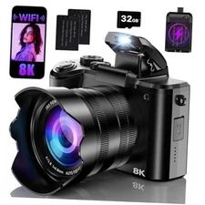 8K Digital Cameras for Photography with WiFi,Autofocus 88MP Vlogging Black