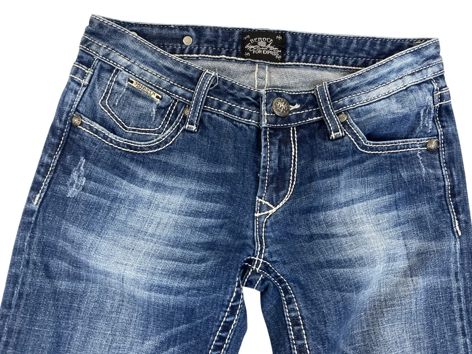 Be Rocks For Express Women's Blue  Medium Wash Rock Revival Bootcut Jeans Sz 2R - Image 3 of 4